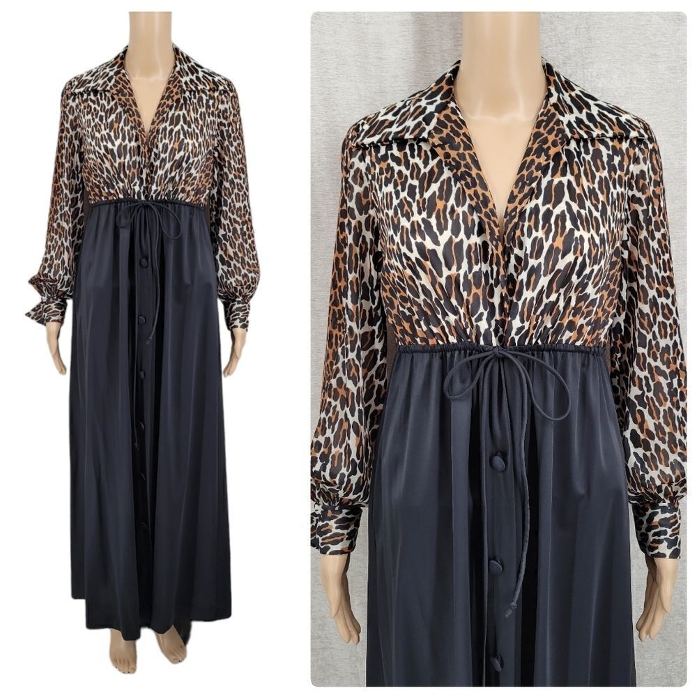 Vanity Fair Vtg 60s Leopard Black Button Front Nightgown Robe Dress Size Small